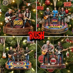 Miniature band performance ornaments arranged among Christmas tree branches with colorful lights and themed designs!