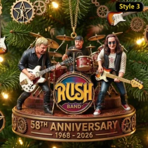 A small wooden style stage ornament featuring three band members performing among decorated evergreen branches!