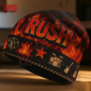 Beanie with bold Rush text flame patterns and golden musical instrument graphics on the lower band!