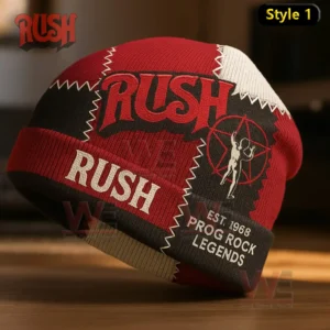 Various Rush themed knit beanies featuring band logos star imagery and bold embroidered designs!