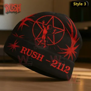 Rush Band Prog Rock Legends Beanie Hat cap 7 Black beanie with red Rush star emblem bursts and 2112 text!