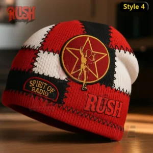 Rush Band Prog Rock Legends Beanie Hat cap 8 Red black and white patchwork Rush beanie with embroidered star emblem and Spirit of Radio text!