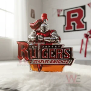 A Rutgers knight shaped whiskey bottle with red accents and team lettering stands on a soft white rug in a bright room.