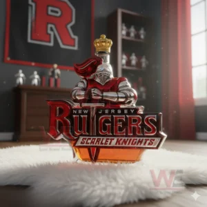 A sculpted knight whiskey bottle with a gold crown top stands on a rug in a room decorated with Rutgers colors.