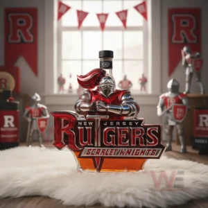 A Rutgers knight bottle with red and silver armor stands on a rug in a room full of team themed items.