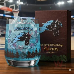 A blue iced Pomeroys glass placed next to its matching box with an arena background!