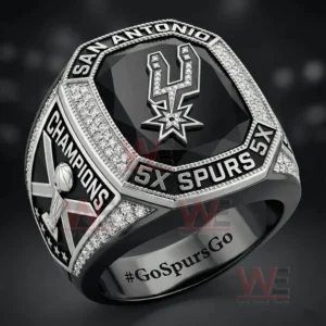 Close up view of a San Antonio Spurs five time champions ring with black centerpiece silver edges and diamond accents!