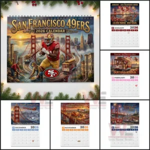 Multiple two zero two six 49ers calendar pages showing themed artwork for various months!