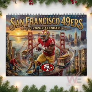 San Francisco 49ers 2026 Wall Calendar 8 Cover art of a 49ers player running with the Golden Gate Bridge and San Francisco skyline behind him!