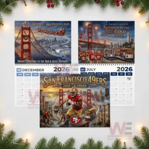 San Francisco 49ers 2026 Wall Calendar 9 December and July 49ers themed pages shown with the main two zero two six cover!