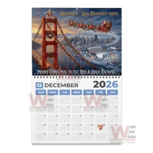 San Francisco 49ers 2026 Wall Calendar 10 December calendar page showing Santa flying above the Golden Gate Bridge with the city and stadium below!
