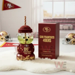 Bear glass cup and team box displayed in a football themed interior setting!