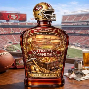 A themed whiskey bottle with detailed artwork inspired by San Francisco football history displayed prominently on a table in a stadium environment!