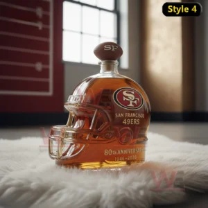 A 49ers helmet bottle rests on a fluffy white rug with a football cap and team colors visible in the background!