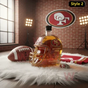 A 49ers helmet bottle rests on a soft rug with a football scarf and brick wall decor surrounding it!