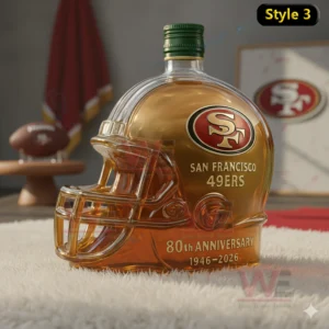 A 49ers themed helmet bottle sits on a fluffy white rug with sports items and wall art in the background!