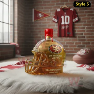 A 49ers helmet bottle rests on a soft rug with jerseys footballs and brick wall decorations surrounding it!