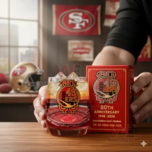 San Francisco 49ers Levi's Stadium 80th Anniversary 1946-2026 Whiskey Glass 3 Hands holding a whiskey glass with ice and a red football anniversary box in a themed room!