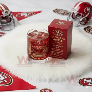San Francisco 49ers 80th Anniversary 1946-2026 Whiskey Glass 4 A San Francisco Forty Niners anniversary glass and boxed set arranged with team memorabilia on a white background!