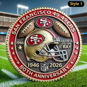 A 49ers anniversary coin with team logo helmet and 1946 to 2026 dates shown on a football field background!