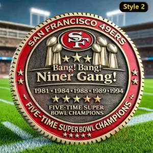 San Francisco 49ers 80th Anniversary 5-time Superbowl Champions Coin 3 A 49ers commemorative coin celebrating five Super Bowl championships with trophy icons and title years on a football field!