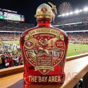 San Francisco 49Ers 80Th Anniversary The Bay Area Whiskey Bottle 3 San Francisco forty niners eightieth anniversary whiskey bottle with gold hard hat stopper in front of a stadium crowd and fireworks!