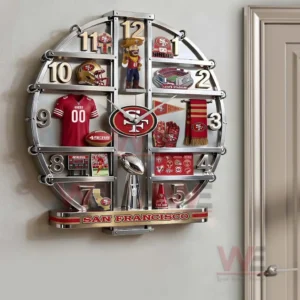 Three dimensional San Francisco Forty Niners themed wall clock with metallic frame team logo sports items and red gold color accents mounted on a wall!