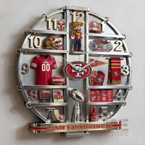 San Francisco 49ers Home Decorative 3D Wall Clock 6 Close view of San Francisco Forty Niners decorative wall clock with mascot figure gloves scarf helmet and stadium imagery!