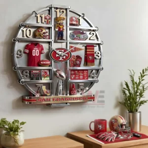 San Francisco 49ers Home Decorative 3D Wall Clock 7 San Francisco Forty Niners themed wall clock mounted above a table in a living space with football decor items!