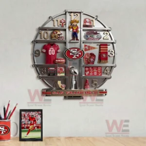 San Francisco 49ers Home Decorative 3D Wall Clock 8 San Francisco Forty Niners decorative wall clock above a desk with framed football photo and team themed accessories!