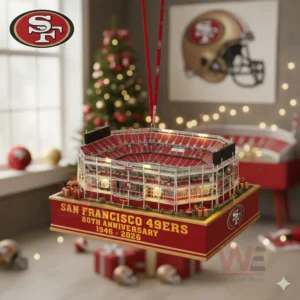 San Francisco 49ers Levi's Stadium 80th Anniversary Ornament 4 San Francisco football stadium ornament displayed indoors with holiday decorations warm lights and a festive background!