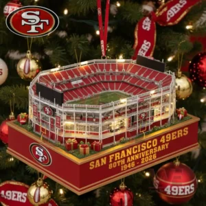 San Francisco 49ers Levi's Stadium 80th Anniversary Ornament 5 Close up view of a San Francisco football stadium ornament on a Christmas tree with detailed structure and holiday decor!