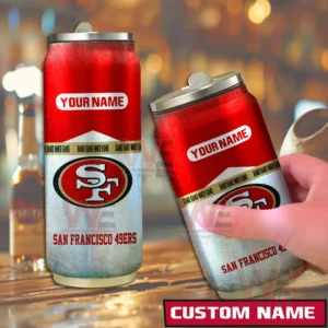 Customizable red and silver San Francisco 49ers can shaped tumbler shown in a bar scene.