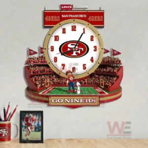 San Francisco Forty Niners stadium style wall clock with crowd backdrop team logo and bold red gold design!