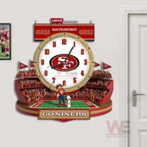 San Francisco 49ers Stadium Decorative 3D Wall Clock 6 San Francisco Forty Niners wall clock near a doorway with stadium theme and clear team details!