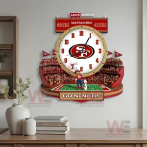 San Francisco 49ers Stadium Decorative 3D Wall Clock 7 San Francisco Forty Niners wall clock above a shelf with neutral decor and bold football presence!