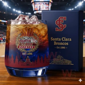 Santa Clara Broncos whiskey glass with ice and layered drink positioned beside a branded box in a lively arena setting!