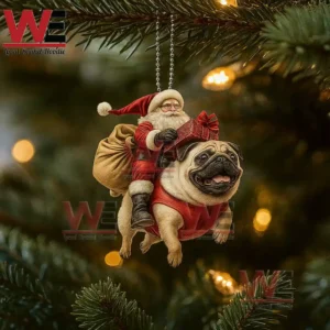 Santa claus riding a pug dog christmas ornament hanging on a green tree with warm holiday lights!