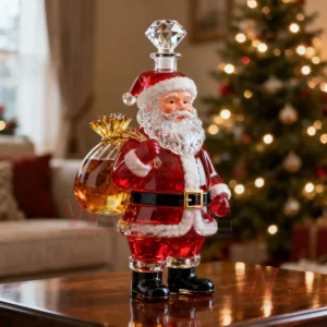 Santa claus glass whiskey decanter displayed on a table with christmas lights in background!