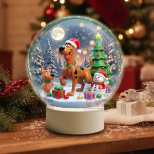 Scooby Doo Christmas Snowball Decoration Led Light 7 A snow globe showing Scooby Doo and a young dog with gifts near a decorated Christmas tree and a snowman on a snowy night!