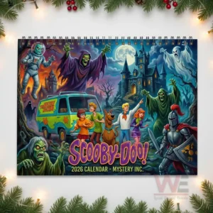 Scooby Doo twenty twenty six calendar cover with the Mystery Inc gang and spooky villains around the Mystery Machine!