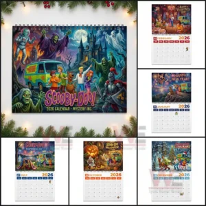 Collection of Scooby Doo twenty twenty six calendar pages showing seasonal themes around the main haunted cover!