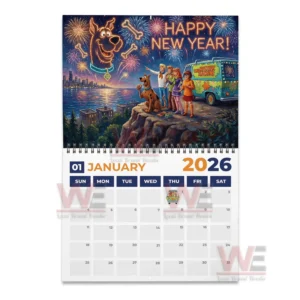January twenty twenty six Scooby Doo calendar page with the gang watching city fireworks from a cliff!