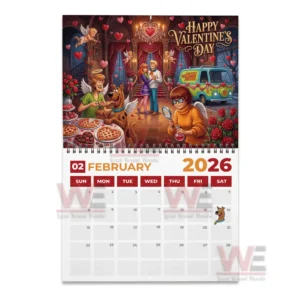 February twenty twenty six Scooby Doo calendar page with a Valentine themed scene featuring hearts roses and pizza!