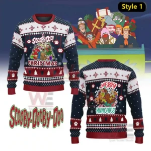 A blue and red Scooby Doo Christmas sweater with holiday motifs and character artwork on both front and back panels!