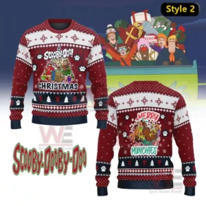 Scooby Doo Merry Munchies Ugly Sweater 10 A red Scooby Doo themed Christmas sweater decorated with festive patterns and character designs!