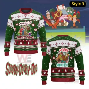 Scooby Doo Merry Munchies Ugly Sweater 11 A green Christmas sweater decorated with holiday graphics and Scooby Doo character illustrations!