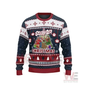 Scooby Doo Merry Munchies Ugly Sweater 12 A blue and red holiday sweater with Scooby Doo character artwork and festive pattern details!