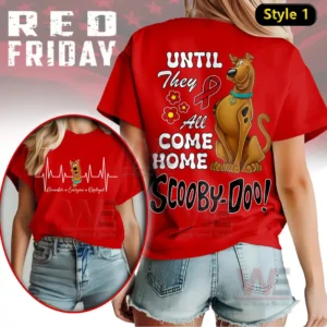 A tie dye shirt showing an animated dog with supportive text flowers and a ribbon!