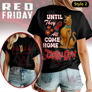 Scooby Doo Red Friday Until They all Come Home Shirt 5 A black shirt showing an animated dog with supportive text and floral accents!